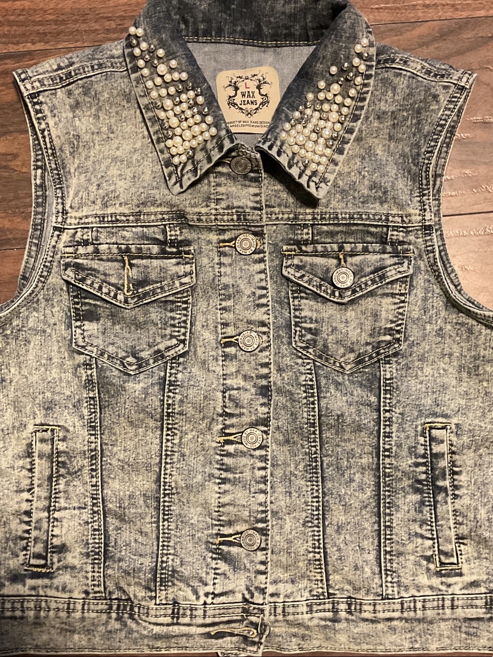 Wax Jean Girls' Pearl-Studded Acid Wash Denim Vest - Gray